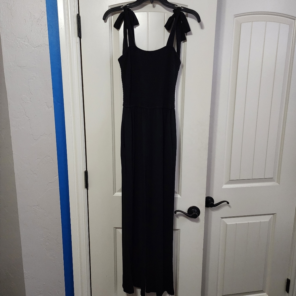 Smocked wide leg knit jumpsuit